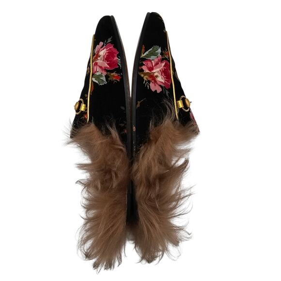 Gucci Princetown Horsebit Flat Slide Mule Fur Floral Black Velvet Size 38 US 8 - Picture 8 of 10